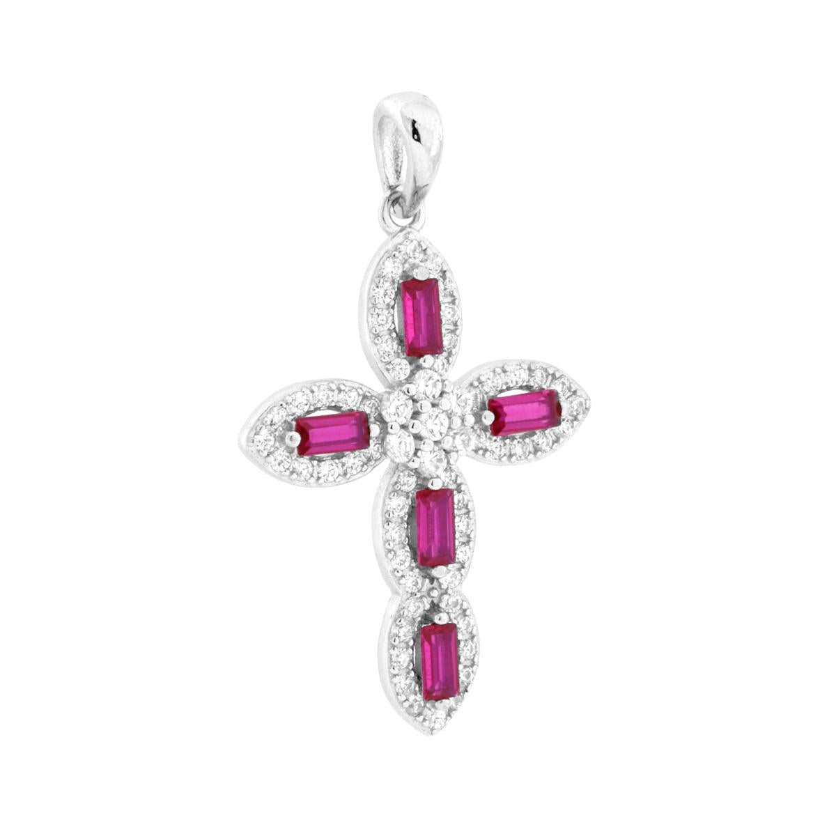 Anhänger Kreuz mit Cubic Zirconia Rubinrot und Weiß in 925er Silber, galvanisch rhodiniert - MeinSchmuckShop