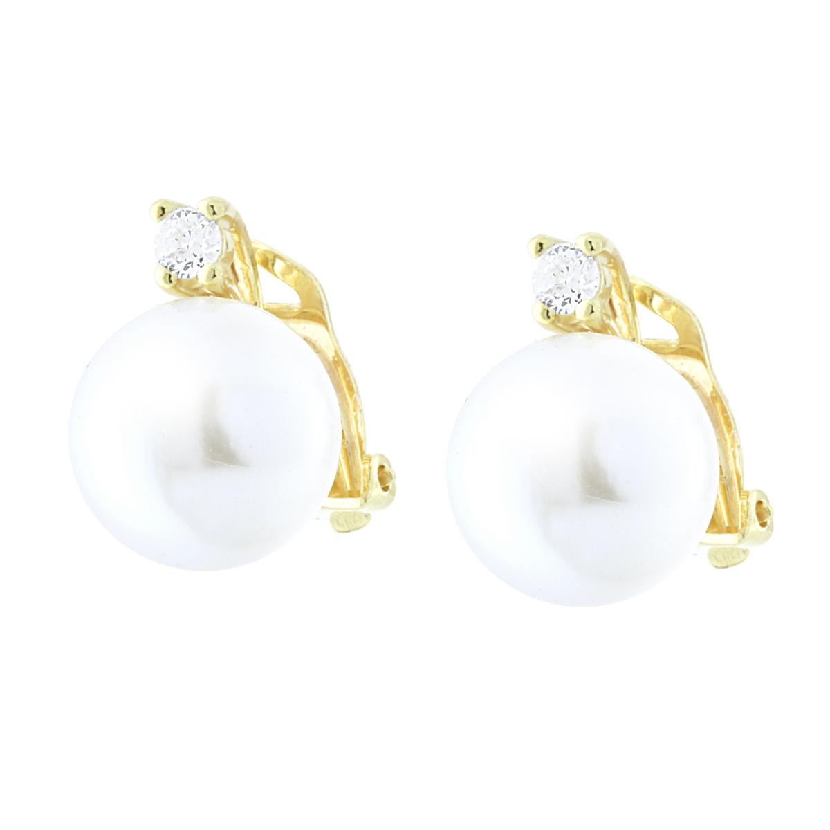 Clip-Ohrringe mit Perle Ø 12 mm und Cubic Zirconia als Lichtpunkt, weiß, aus 925er Silber, vergoldet - MeinSchmuckShop