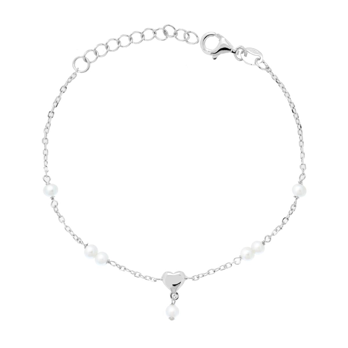 Armband mit diamantierter Forzatina-Kette, Perle und Herz, Silber 925, rhodiniert - MeinSchmuckShop