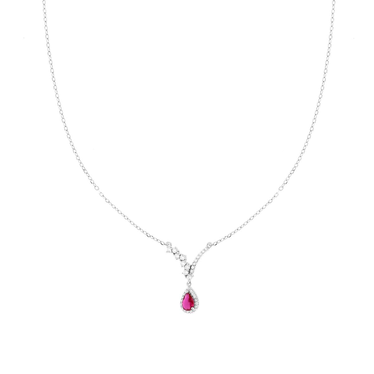 Halskette mit diamantierter Gliederkette, mit weißem Diadem und rubinrotem Tropfen, umrandet von weißen Cubic Zirconia, aus 925er Silber rhodiniert. - MeinSchmuckShop