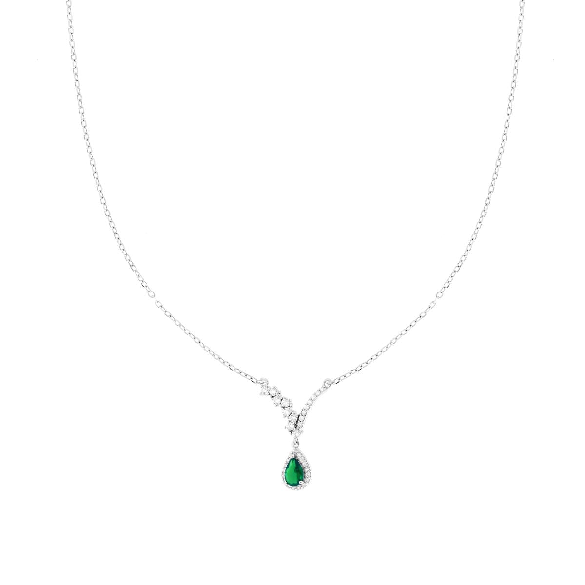Kette mit diamantierter Ankerkette, mit weißem Diadem und grünem Smaragd-Tropfen, umrandet von weißen Cubic Zirconia-Steinen, aus Silber 925, rhodiniert. - MeinSchmuckShop