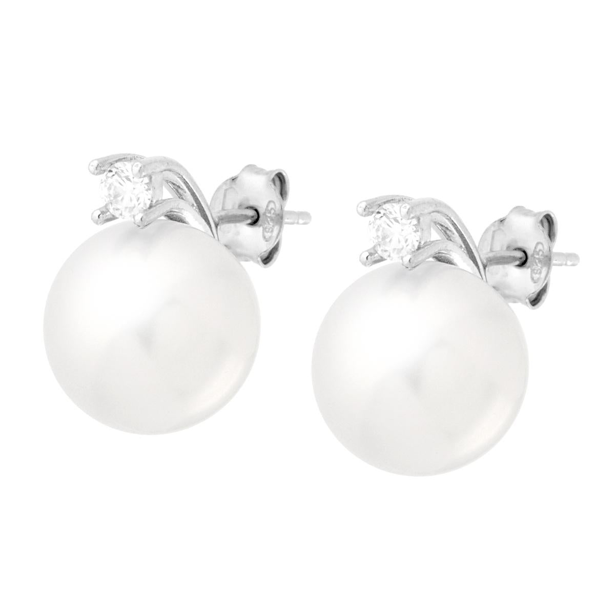 Ohrringe Perle 12 mm mit Cubic Zirconia Weiß in Silber 925 rhodiniert - MeinSchmuckShop