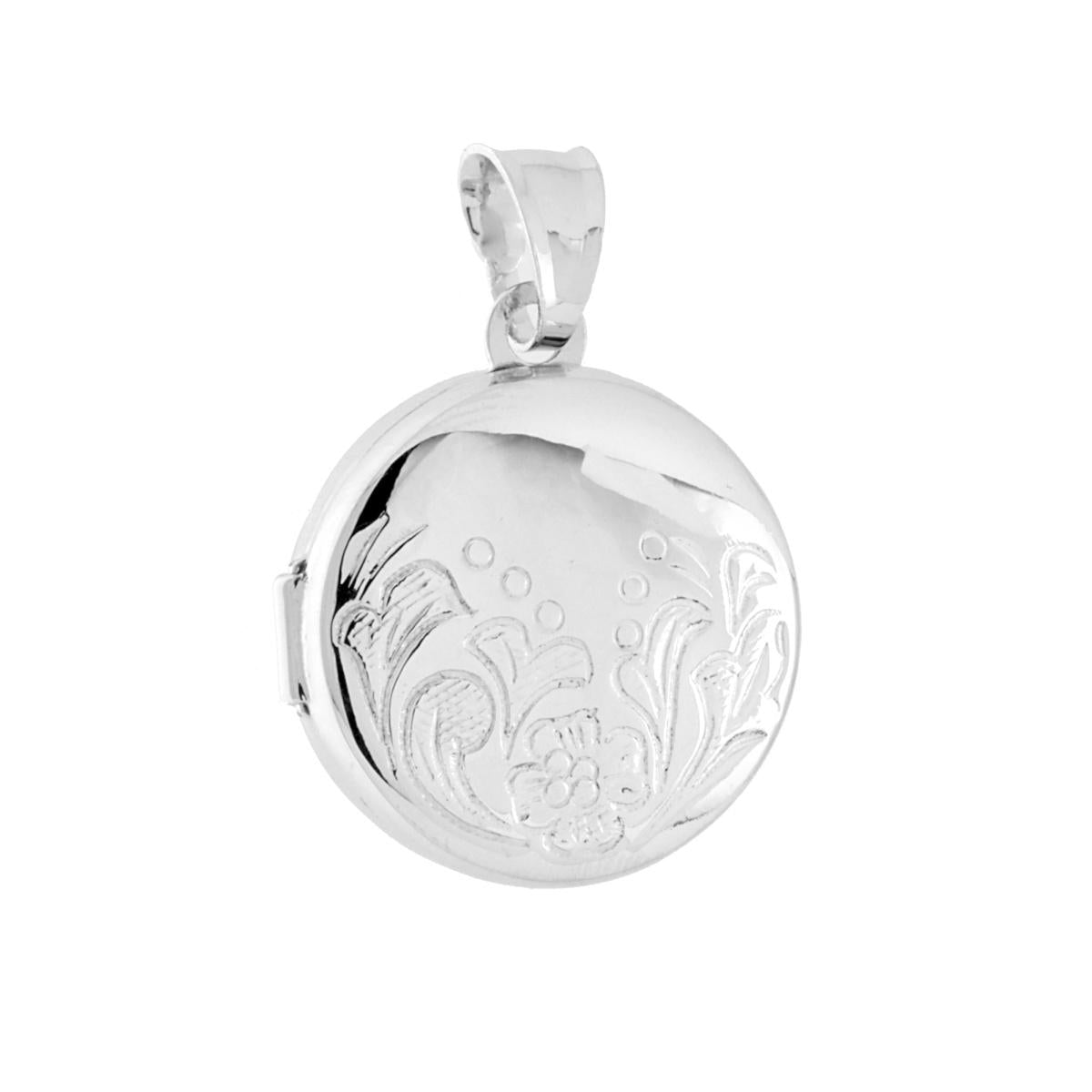 Anhänger zur Aufnahme von Fotos oder Erinnerungen, runde Form, mit floraler Verzierung, Ø 20 mm, aus 925er Silber, galvanisch rhodiniert - MeinSchmuckShop