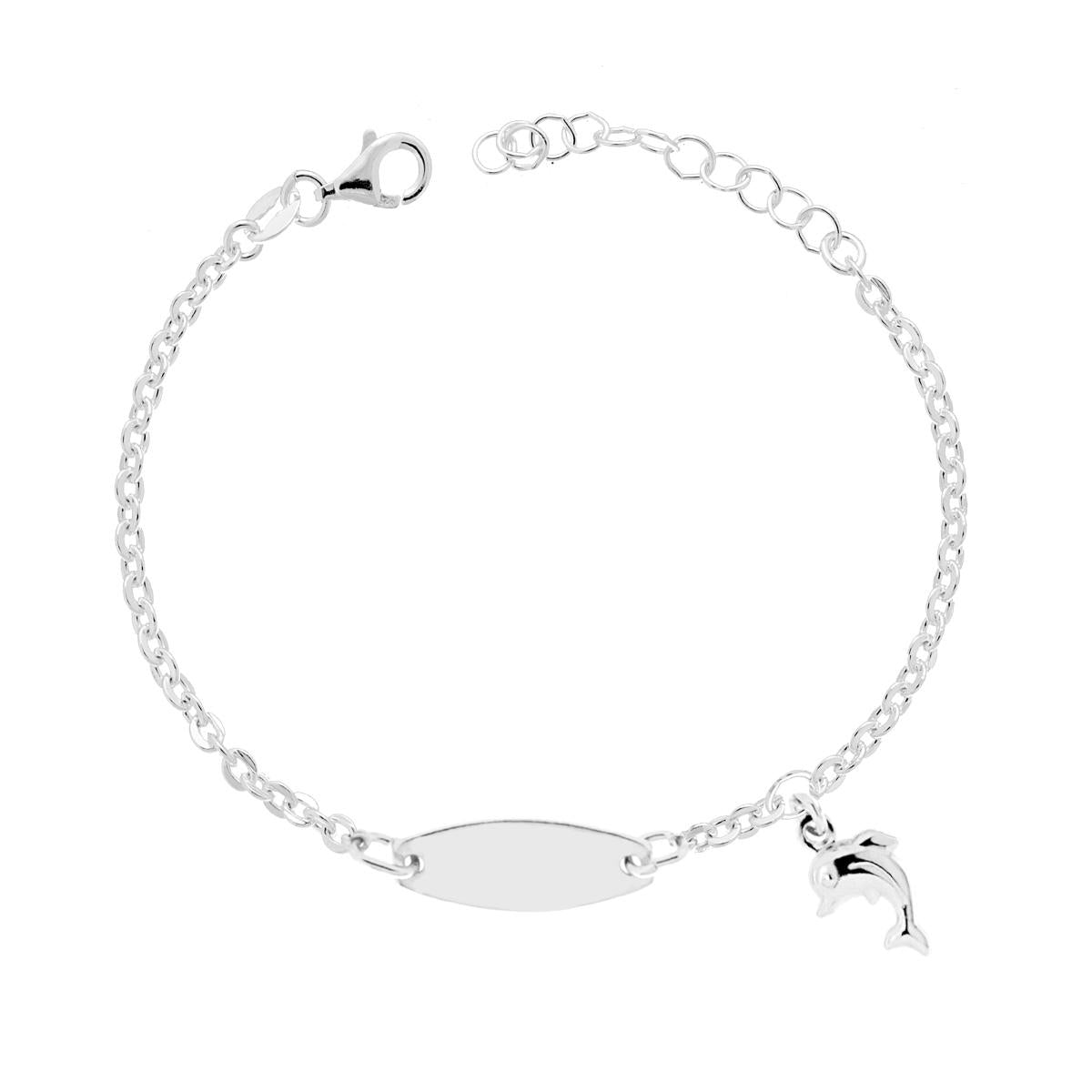 Armband für Jungen und Mädchen mit ovalem Plättchen, feiner Kette, runder diamantierter Delfin, aufgewölbt, aus 925er Silber - MeinSchmuckShop