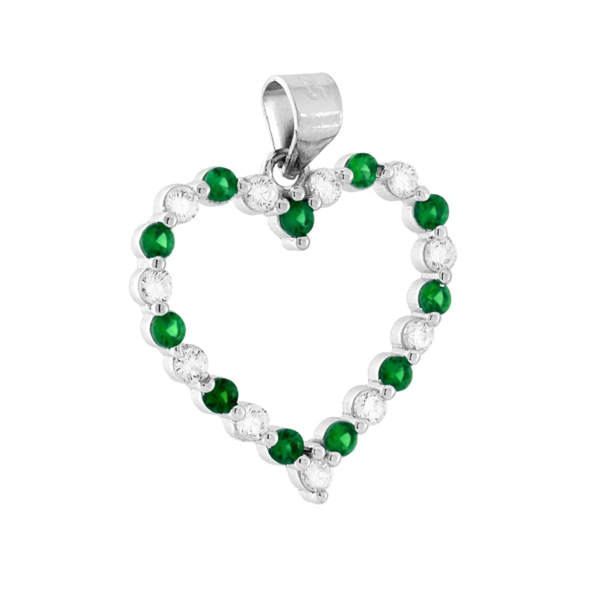 Herzanhänger mit Cubic Zirconia, abwechselnd Emeraldgrün und Weiß, in 925er Silber rhodiniert. - MeinSchmuckShop