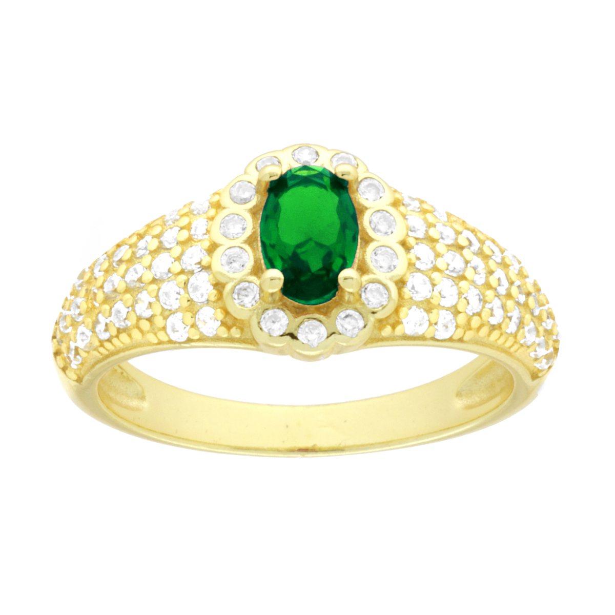 Ovaler Ring, smaragdgrün, umgeben von weißen Cubic Zirconia, aus 925er Silber, galvanisch Gold beschichtet - MeinSchmuckShop