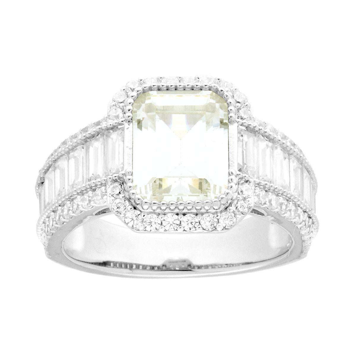 Solitärring mit quadratischem Citrinquarz, kubischer Zirkonia und weißen Baguette-Diamanten aus 925er Silber, rhodiniert. - MeinSchmuckShop