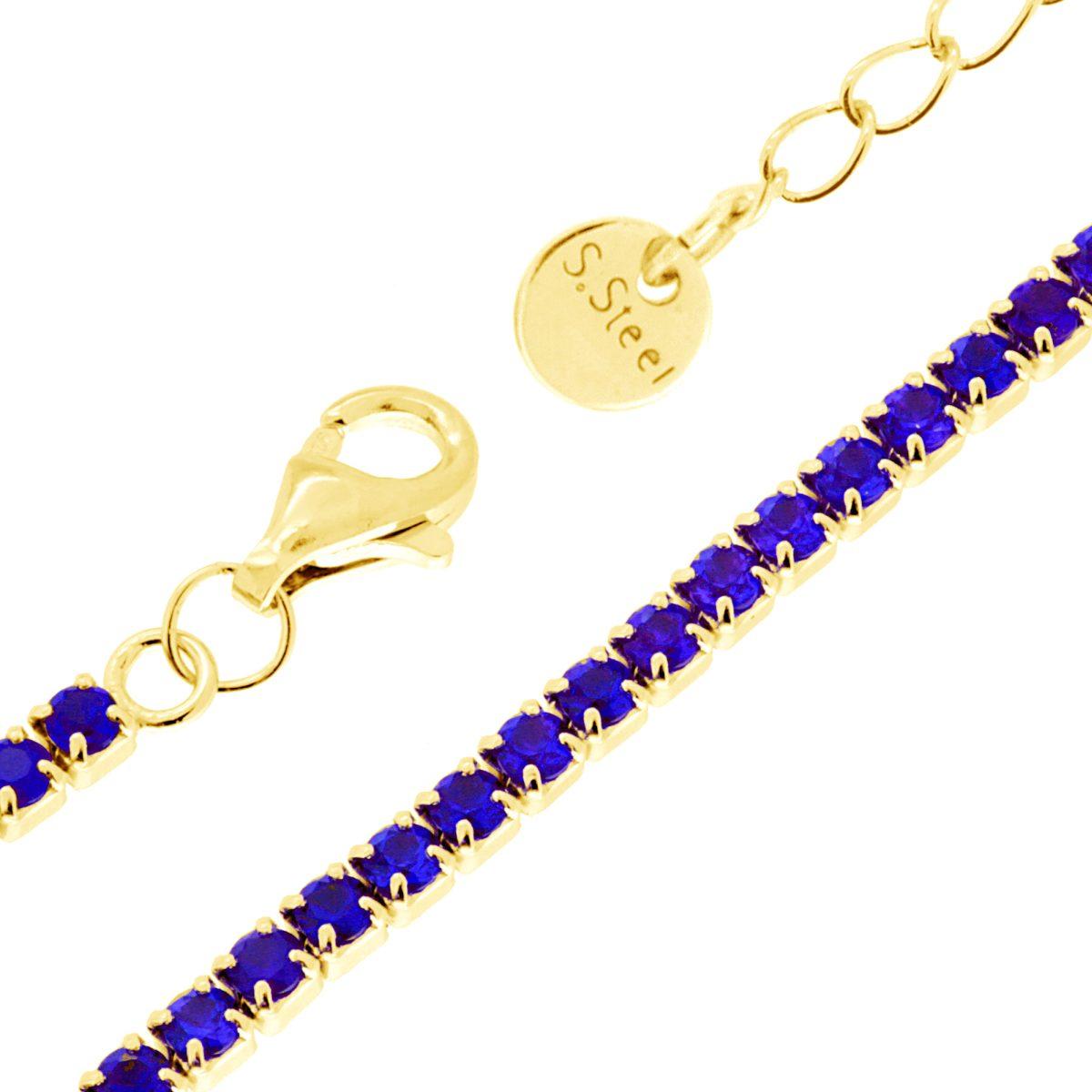 Tennisarmband Griffe cm 17+5 mit Kristall 2 mm Blau-Saphir aus Edelstahl goldfarben - MeinSchmuckShop
