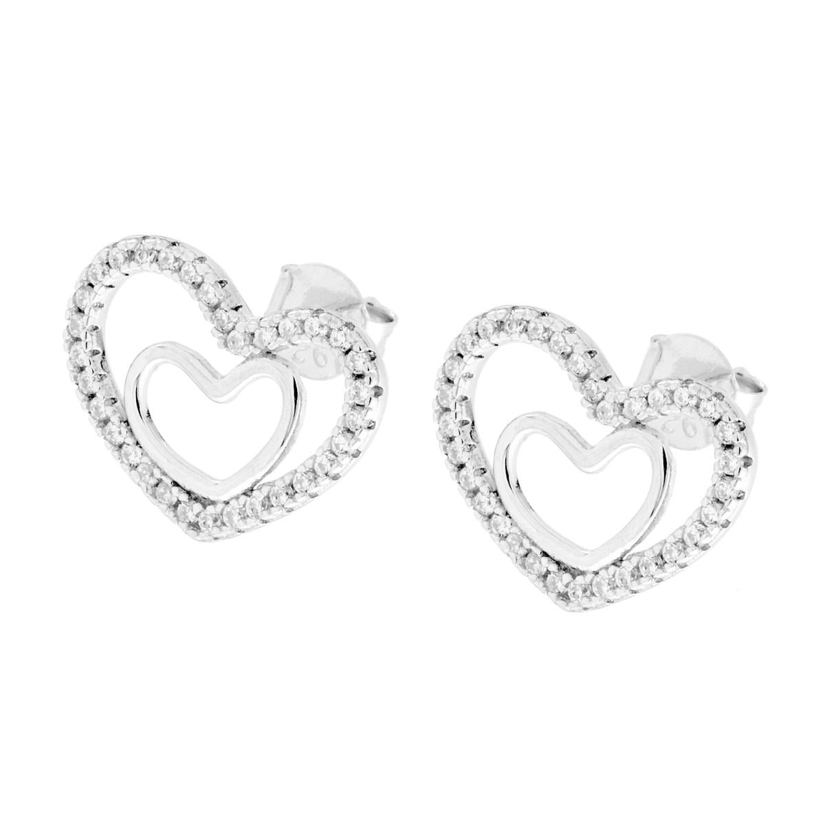 Ohrringe in Herzform, mit weißen Cubic-Zirkonien, aus 925er Silber, rhodiniert. - MeinSchmuckShop
