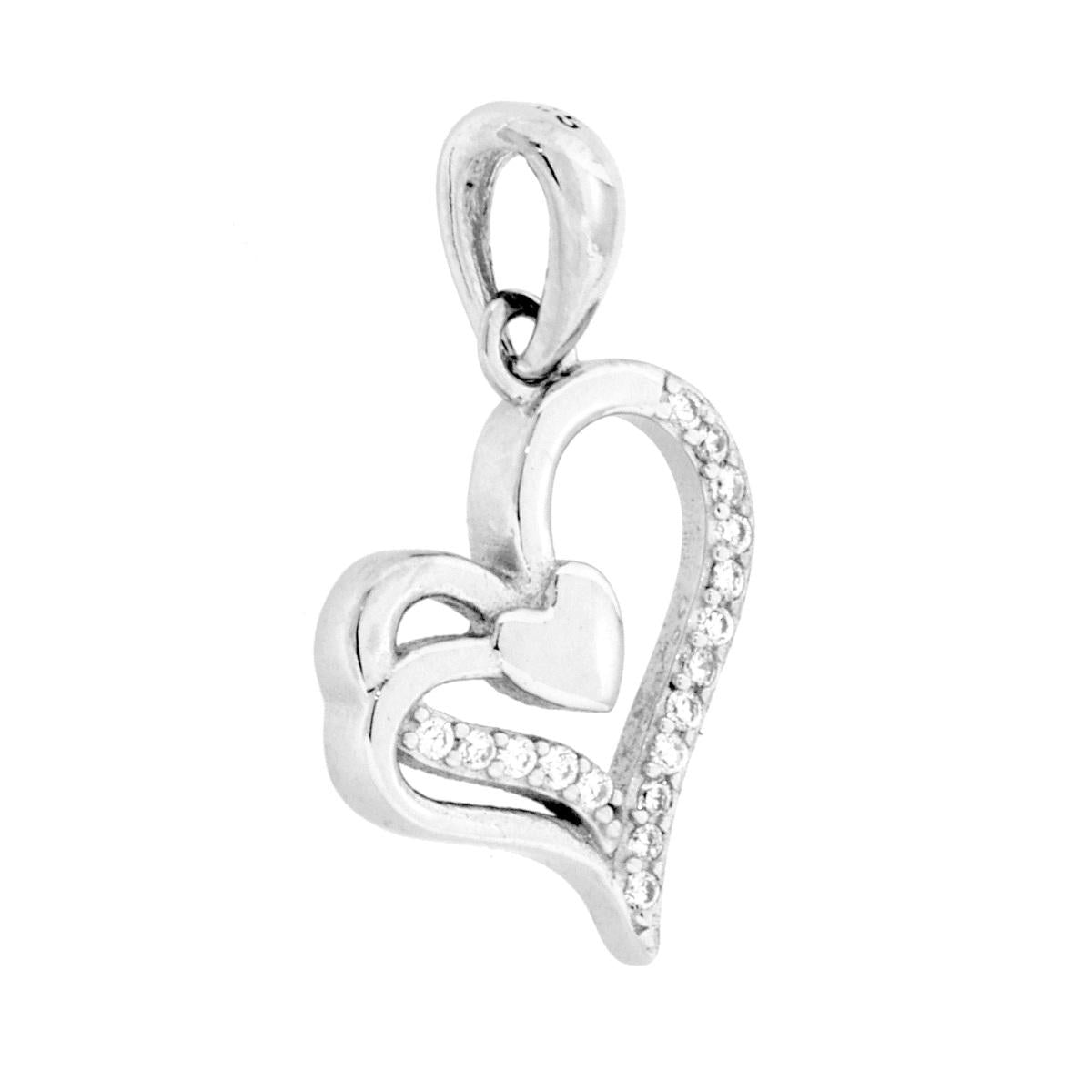 Herzanhänger mit kleinem Herz und weißen Cubic Zirconia, aus 925er Silber rhodiniert - MeinSchmuckShop