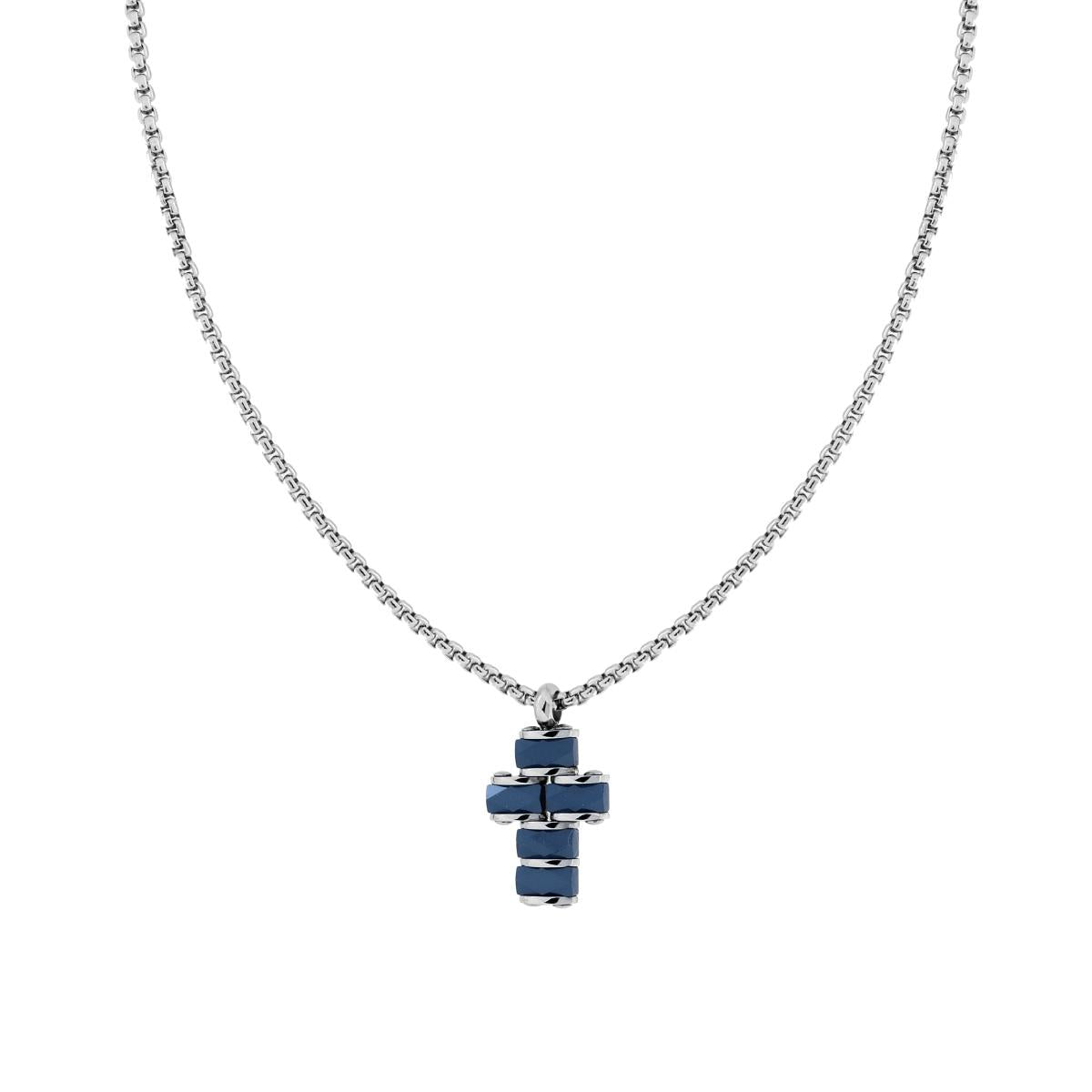 Halskette, runde venezianische Kette mit Kreuz und blauen Keramik-Einsätzen aus Edelstahl - MeinSchmuckShop