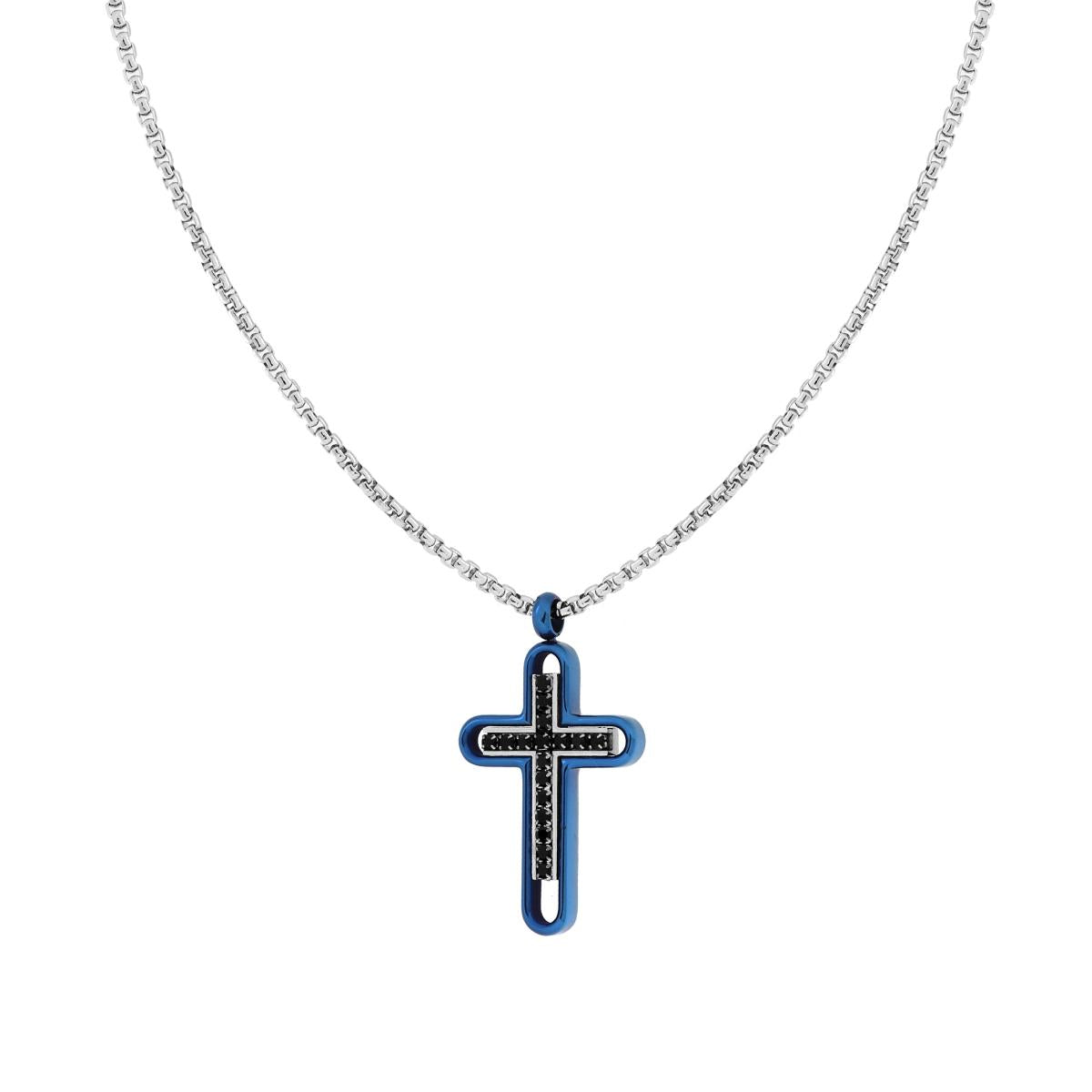 Venezianische Rundkette mit blauem Kreuz und schwarzen Kristallen aus Edelstahl - MeinSchmuckShop