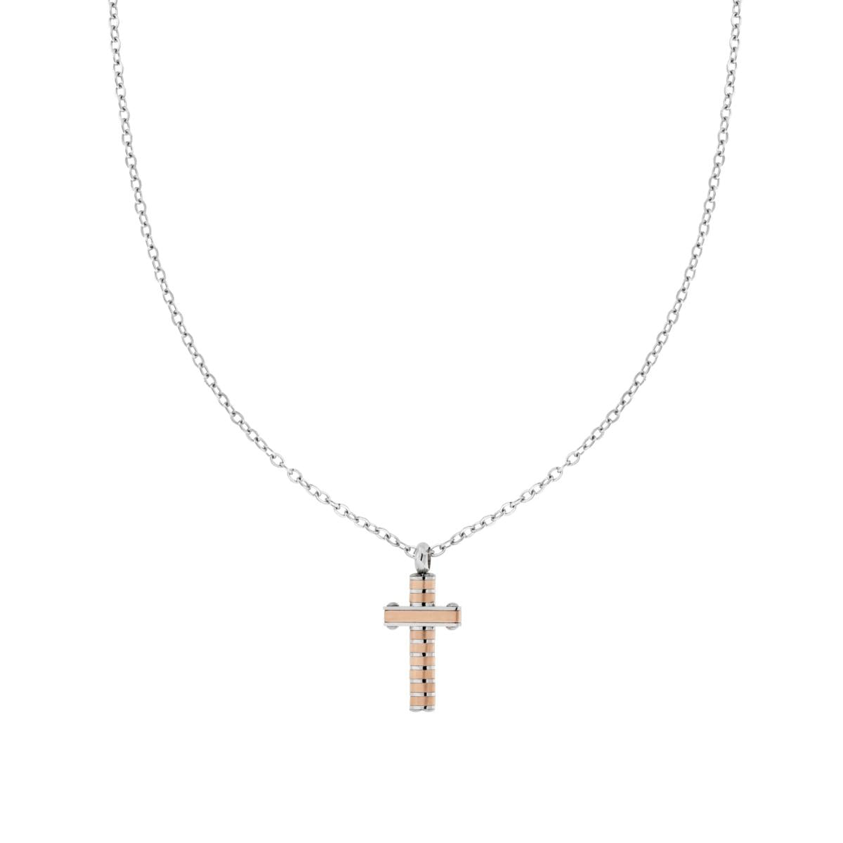 Kette aus Edelstahl mit diamantierter Forzatina-Kette und rosa Kreuz - MeinSchmuckShop