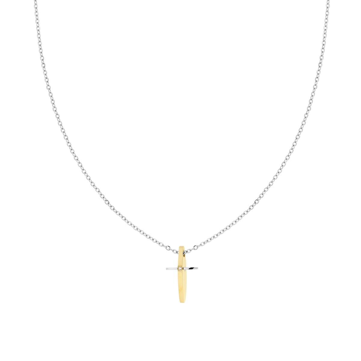Halskette aus Edelstahl, diamantierte Forzatina-Kette mit Kreuz in Goldfarbe und weißem Kristall - MeinSchmuckShop