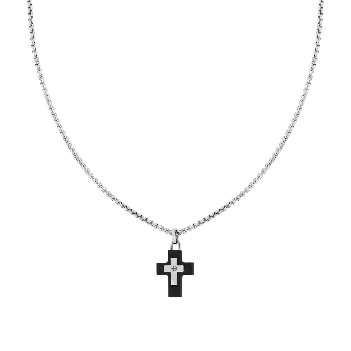 Halskette, venezianische Rundgliederkette und Kreuz, aus schwarzem PVC und Edelstahl - MeinSchmuckShop