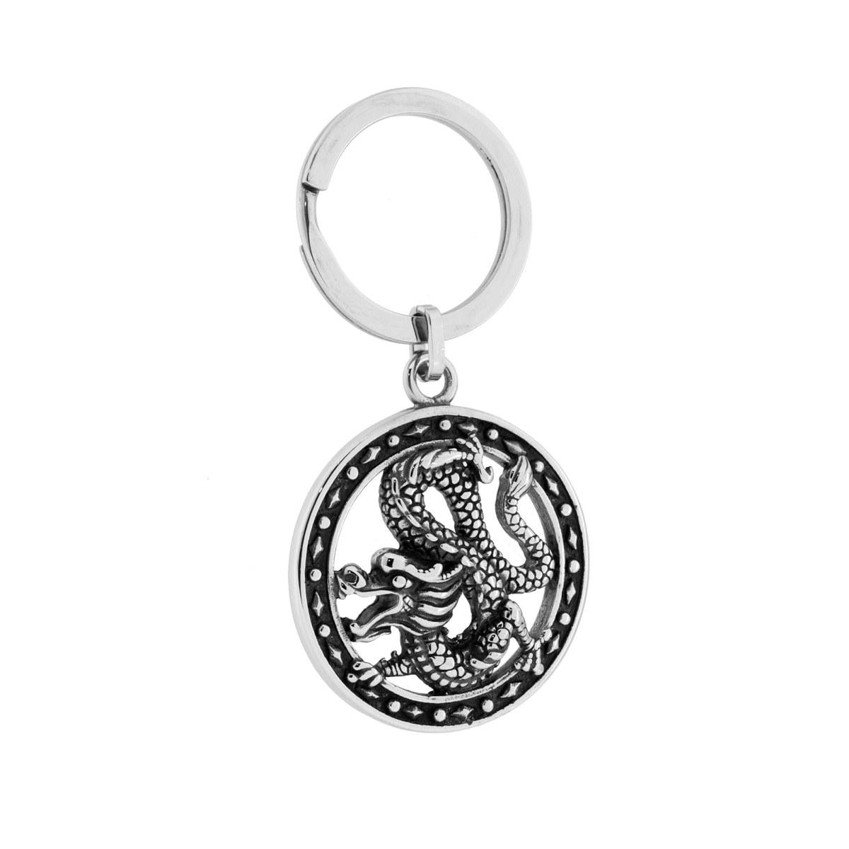 Schlüsselanhänger für Herren und Damen mit Drachen, aus brüniertem Stahl, mit Ring - MeinSchmuckShop