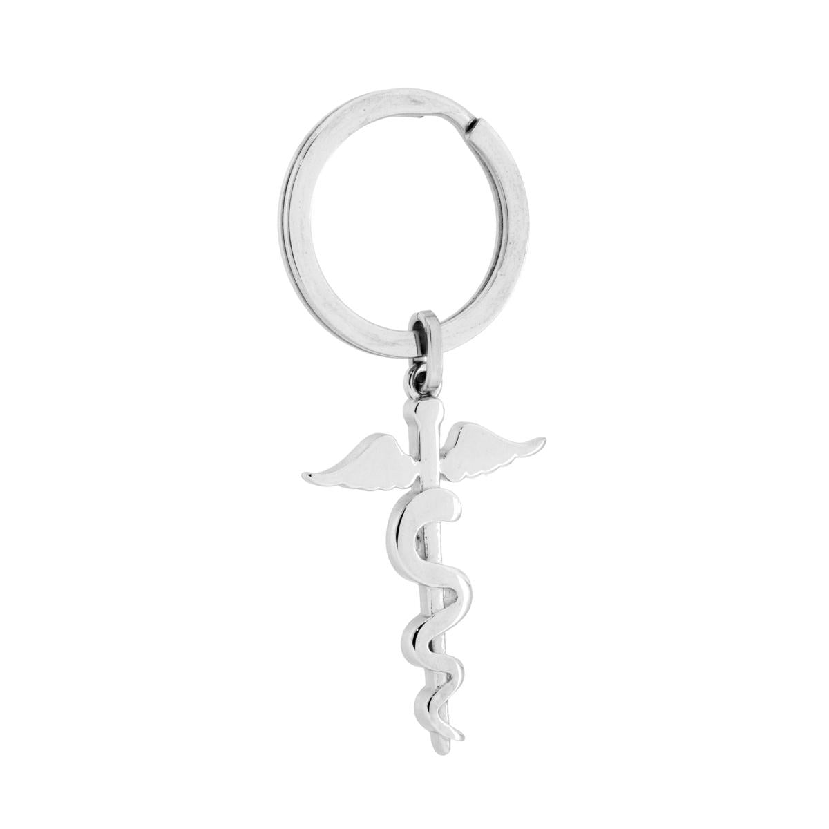 Schlüsselanhänger für Herren und Damen mit Ring, mit dem Äskulapstab und Schlange aus Stahl - MeinSchmuckShop