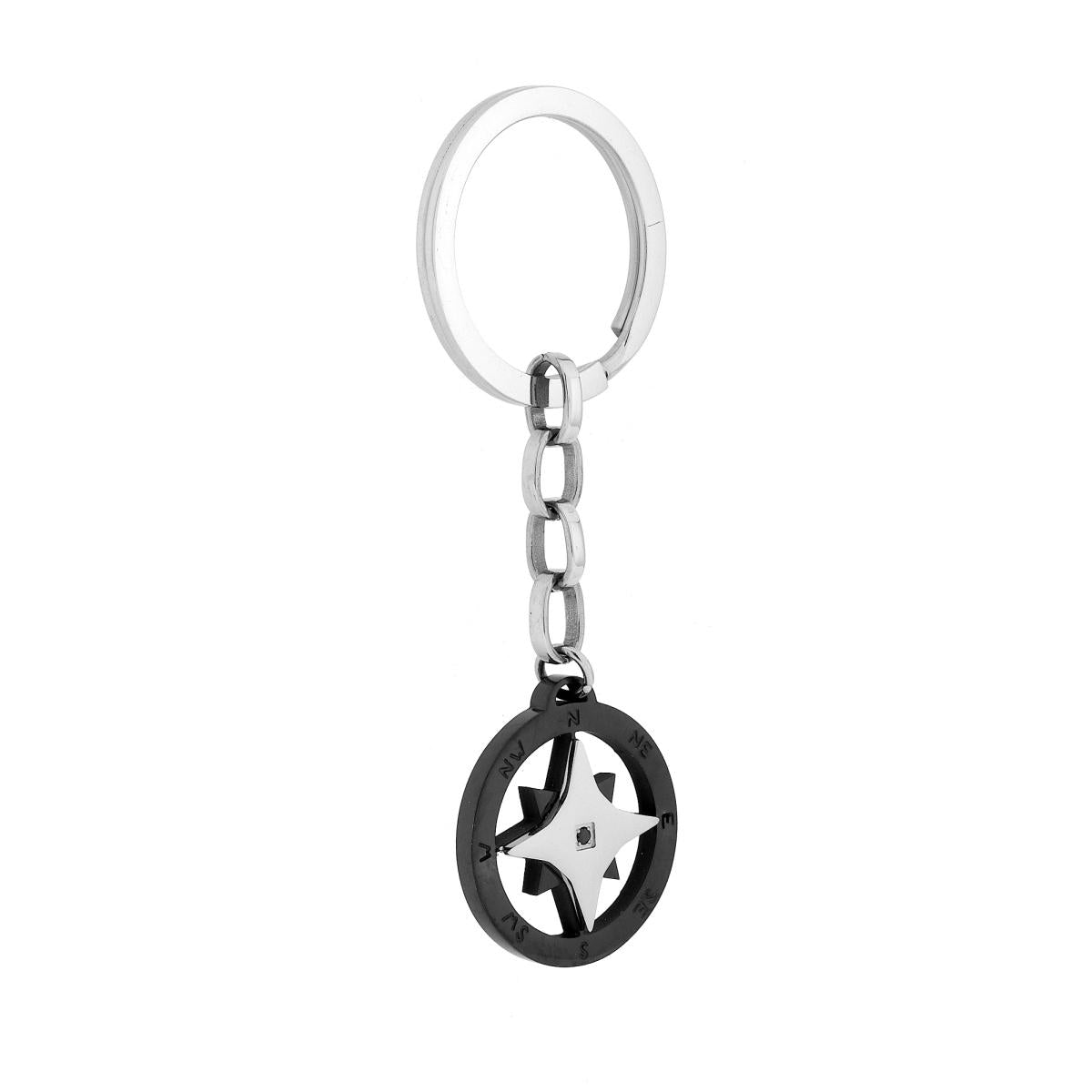 Schlüsselanhänger Herren Damen mit Ring, mit schwarzer Kompassrose und schwarzem Kristall aus Edelstahl - MeinSchmuckShop