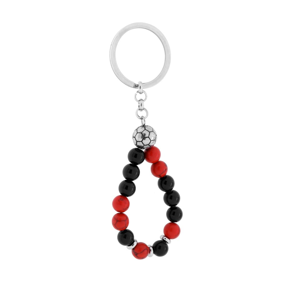 Schlüsselanhänger für Herren und Damen mit Ring, roten und schwarzen Steinen und Fußball aus Edelstahl - MeinSchmuckShop