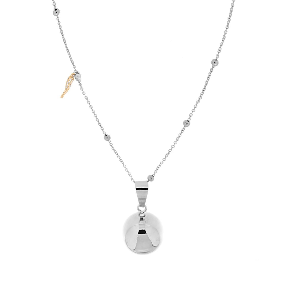 Kette, feine diamantierte Gliederkette mit Kugeln, 90 cm, mit Engelruf-Anhänger und Glückshorn, Charms mit Strass in Edelstahl und Bronze - MeinSchmuckShop
