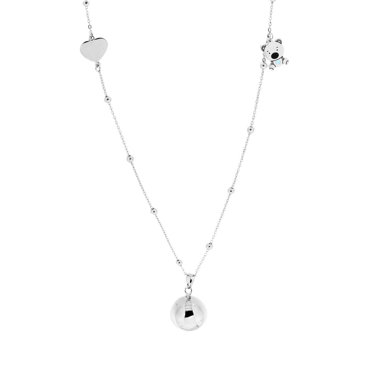 Halskette mit diamantierter Kette und Kugeln, 90 cm; Engelrufer mit Herz und blau emailliertem Bären aus Stahl und Bronze. - MeinSchmuckShop