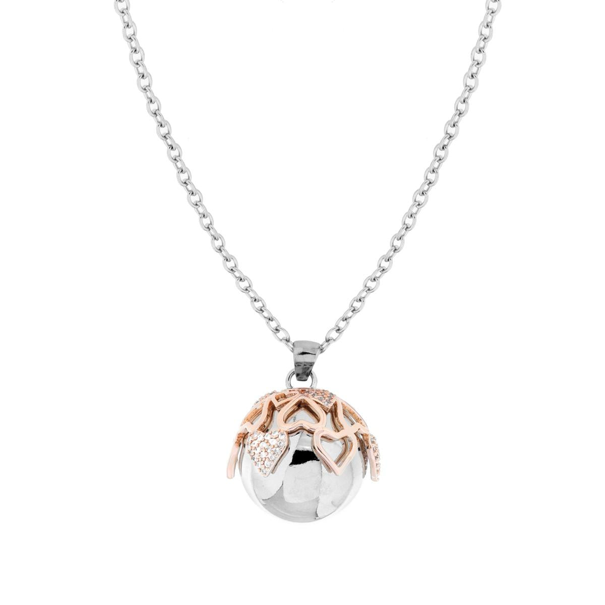 Halskette Forzatina-Kette, Länge 90+5 cm, Engelruf, Herzkuppel in Rosa Kristall, mit Kugel aus Edelstahl und Bronze - MeinSchmuckShop