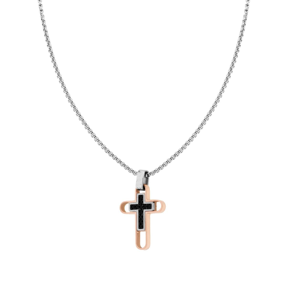 Halskette Venezianische Rundkette mit rosa Kreuz und schwarzen Kristallen aus Edelstahl - MeinSchmuckShop