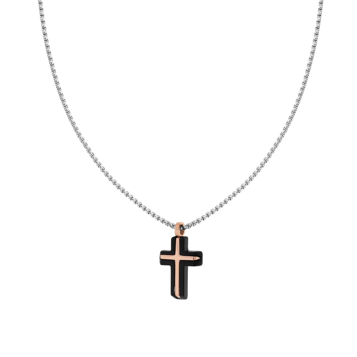 Runde venezianische Kette mit schwarzem und rosa Kreuz aus Edelstahl. - MeinSchmuckShop