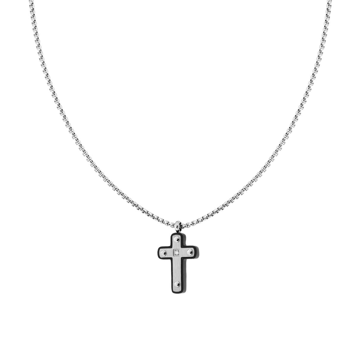 Halskette Venezianische Rundkette mit schwarzem Kreuz und weißem Kristall aus Edelstahl - MeinSchmuckShop