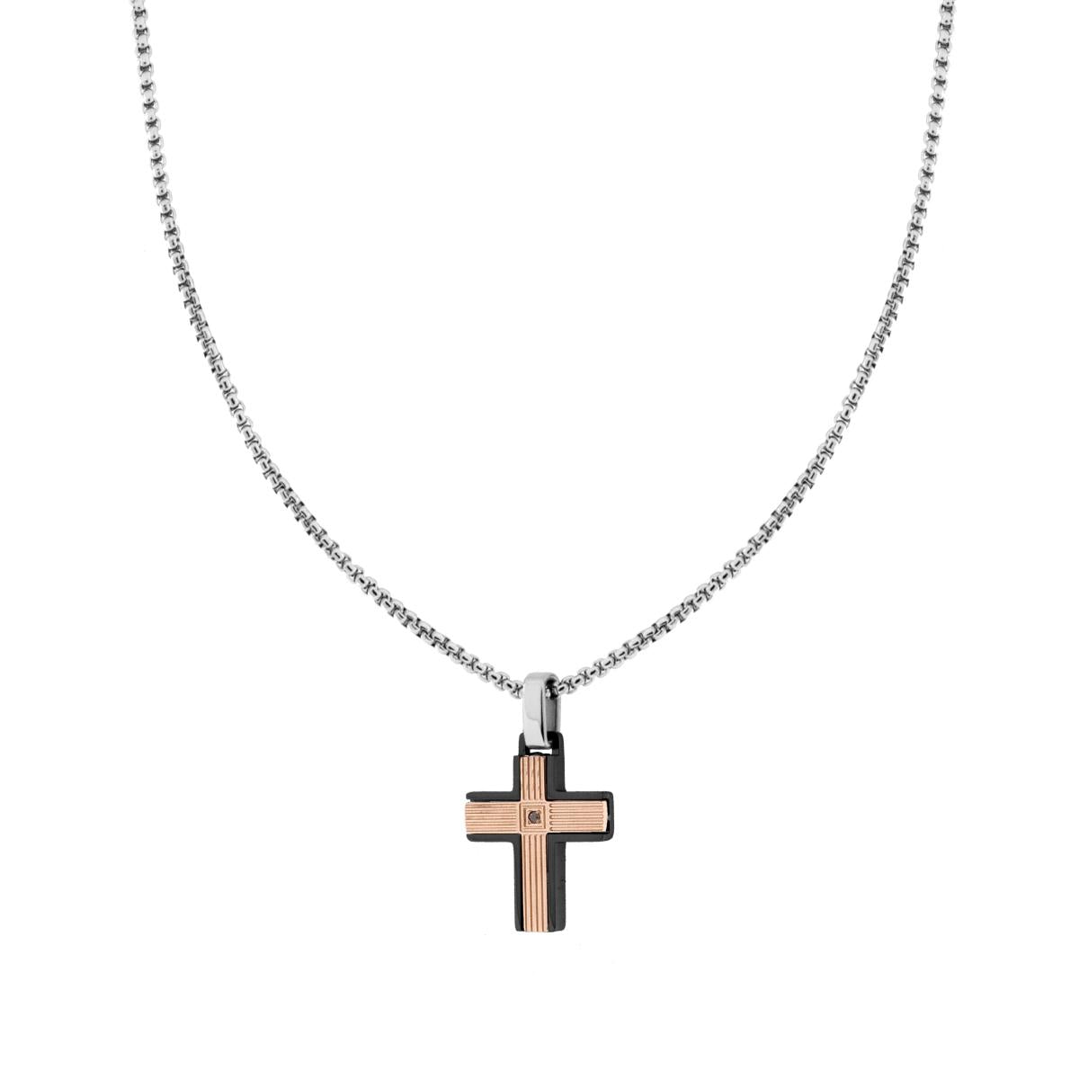 Halskette Venezianerkette, rund, mit schwarzem Kreuz und rosa Streifen mit schwarzem Kristall aus Edelstahl - MeinSchmuckShop