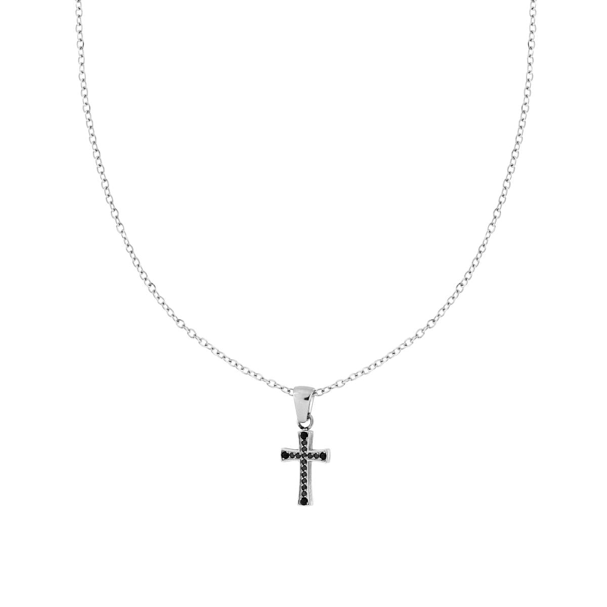 Halskette mit diamantierter Forzatina-Kette, Kreuz und schwarzen Kristallen aus Edelstahl. - MeinSchmuckShop