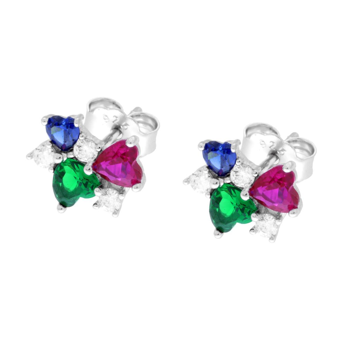 Herz-Ohrringe mit mehrfarbigem Cubic Zirconia in 925er Silber, rhodiniert. - MeinSchmuckShop
