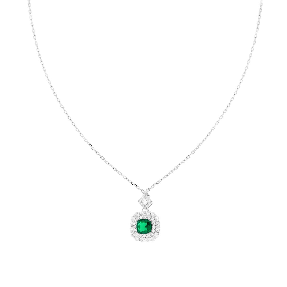 Halskette mit Forzatina-Diamantierung, quadratischem Smaragdgrünen Cushion-Schliff, umrahmt von weißen Cubic Zirconia, aus 925er Silber, rhodiniert - MeinSchmuckShop