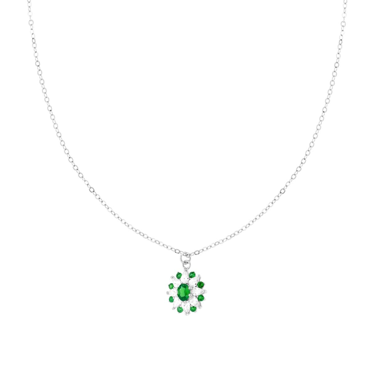 Halskette mit diamantierter Kette, oval-smaragdgrüne Blume und weiße Cubic Zirconia, Marquise-Schliff, aus 925er Silber rhodiniert - MeinSchmuckShop