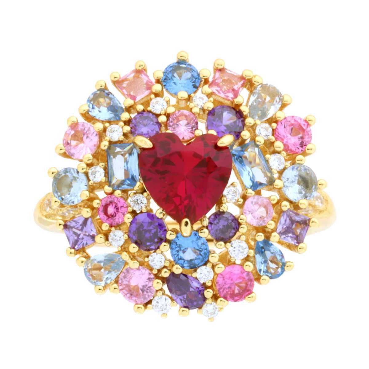 Ring Liebe Herz Rubinrot, umgeben von multicolor Cubic Zirconia, aus 925er Silber, goldgalvanisiert - MeinSchmuckShop