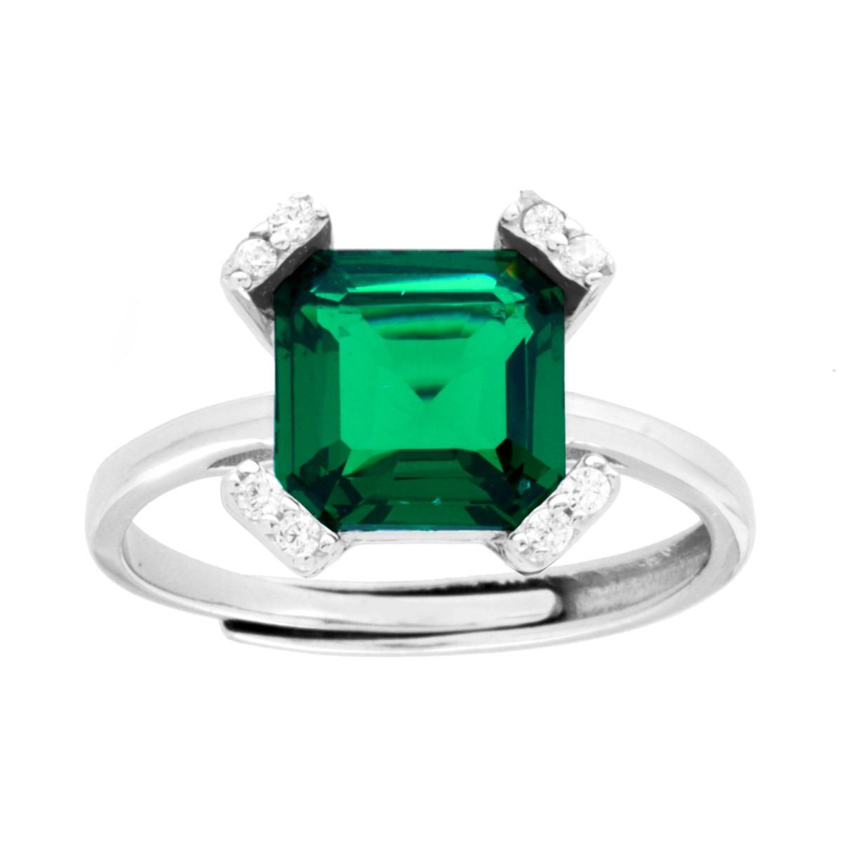 Solitärring Emeraldgrün mit Krappenfassung, weiße Cubic-Zirconia, aus 925er Silber, rhodiniert - MeinSchmuckShop