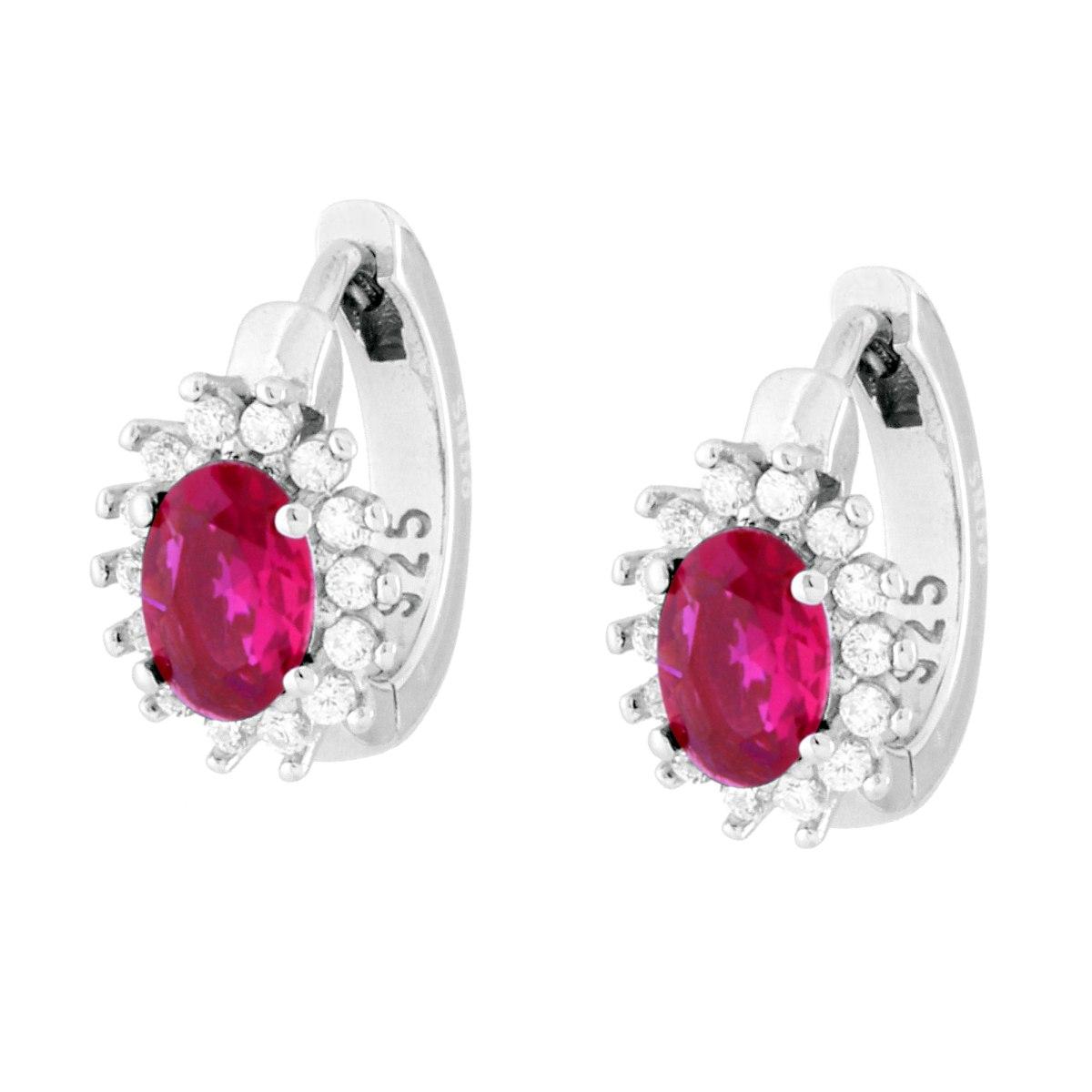 Ohrhänger in Kreisform mit ovalem rubinroten Rubin, umgeben von weißen Cubic-Zirconia, aus 925er Silber, rhodiniert. - MeinSchmuckShop