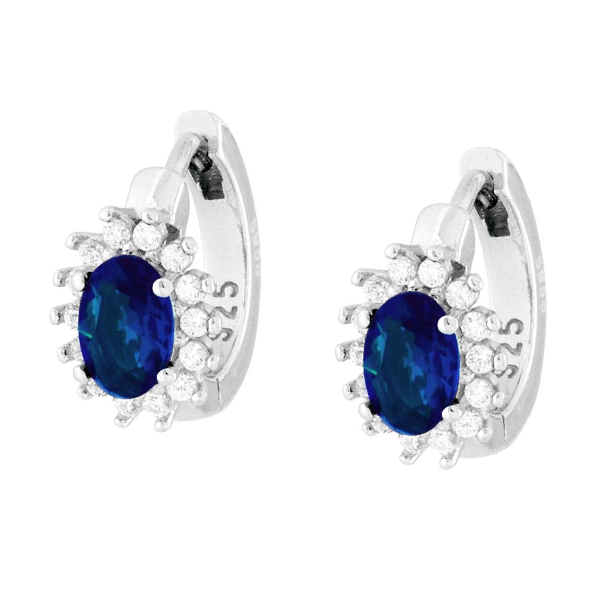 Ohrringe in Kreisform mit ovalem blauem Saphir, umgeben von weißen Zirkonien, aus rhodiniertem 925er Silber - MeinSchmuckShop