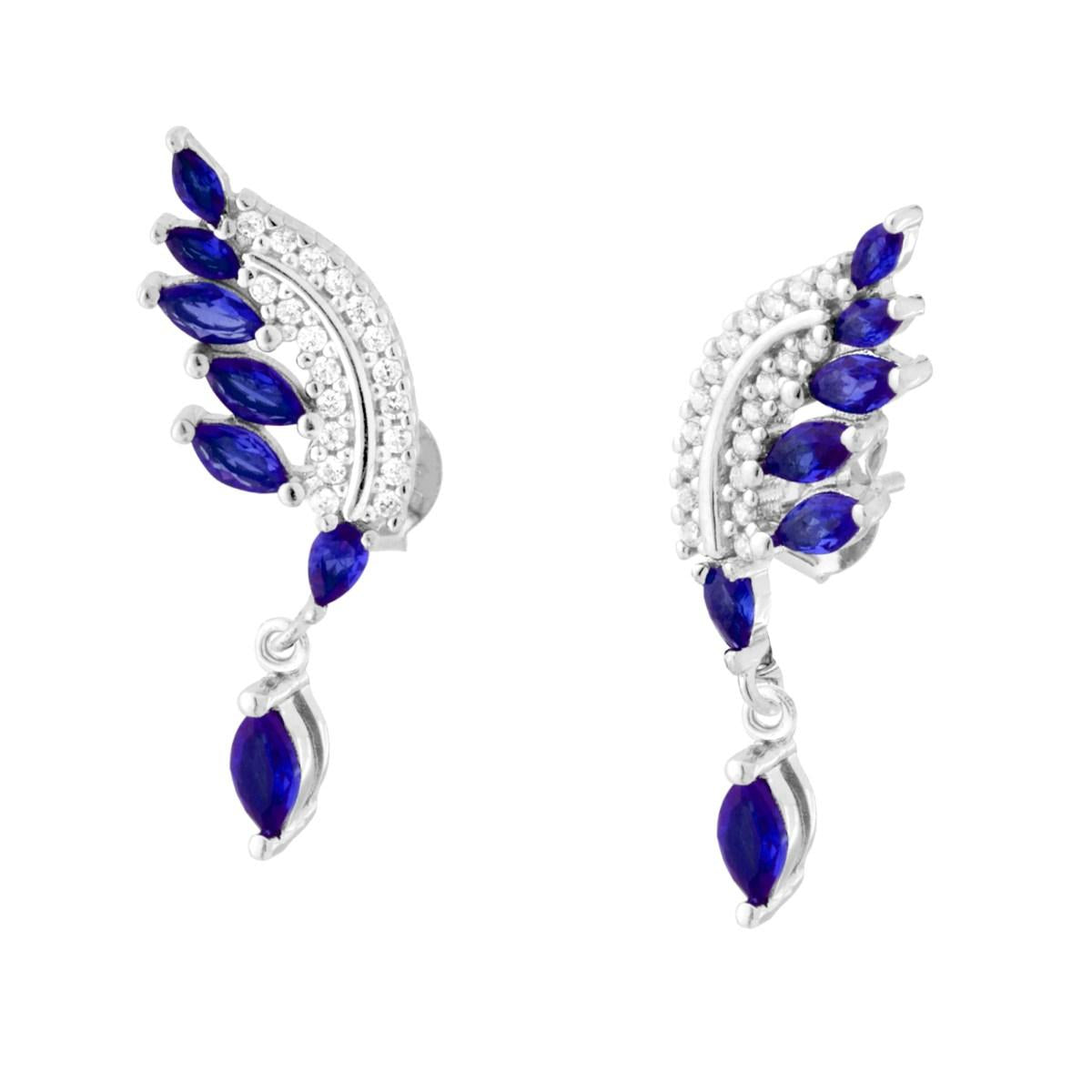 Federohrringe mit weißen Cubic Zirconia und blauem Saphir, Anhänger aus 925er Silber rhodiniert - MeinSchmuckShop