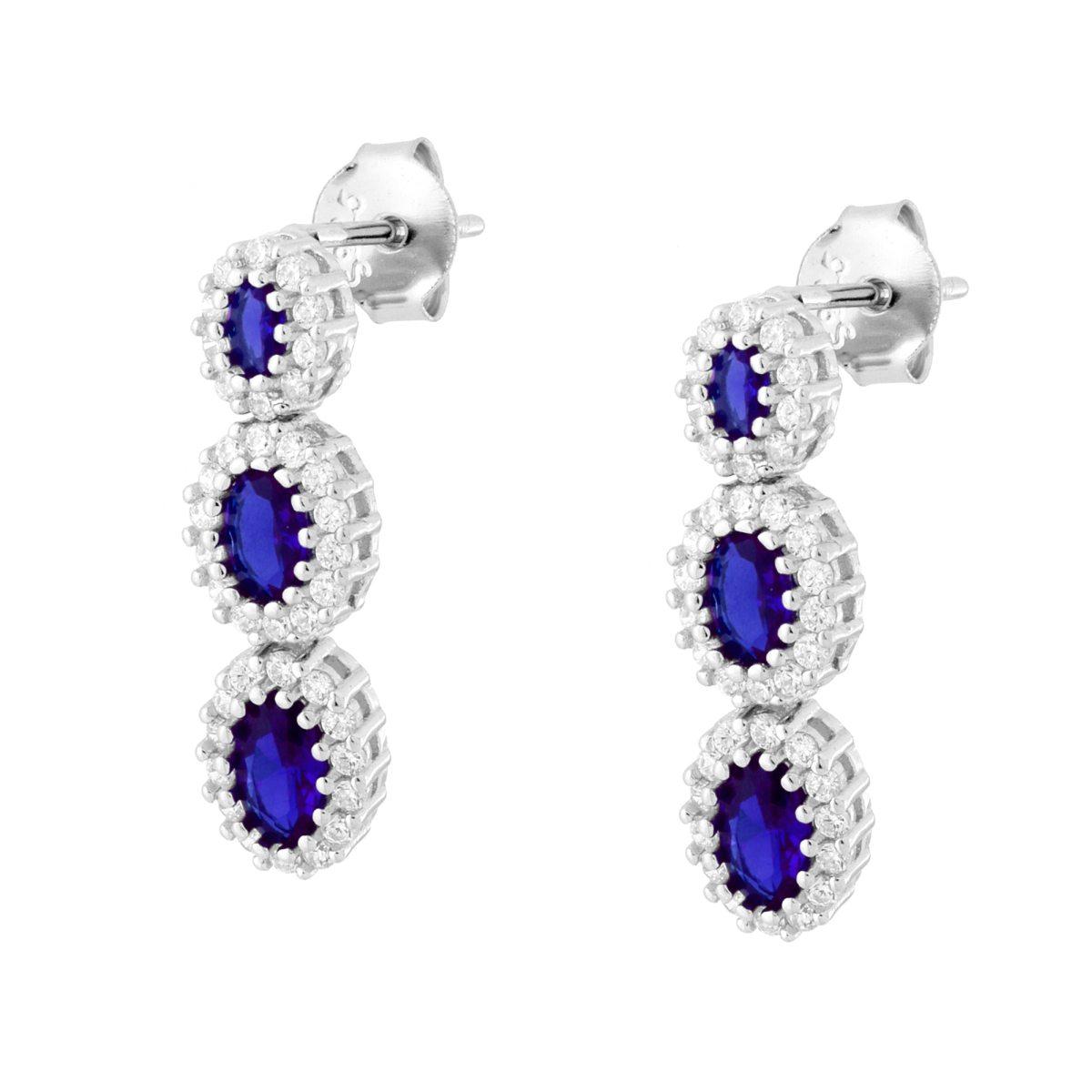 Ohrringe mit ovalen blauen Saphiranhängern, umrahmt von weißen Cubic Zirconia, aus 925er Silber rhodiniert - MeinSchmuckShop