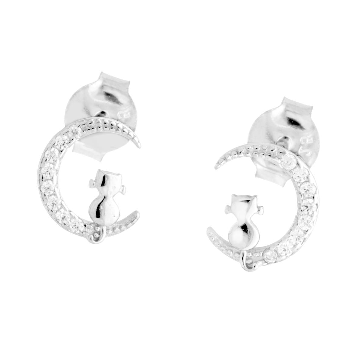 Ohrringe Mond und Katze mit weißen Cubic Zirconia in 925er Silber, rhodiniert. - MeinSchmuckShop