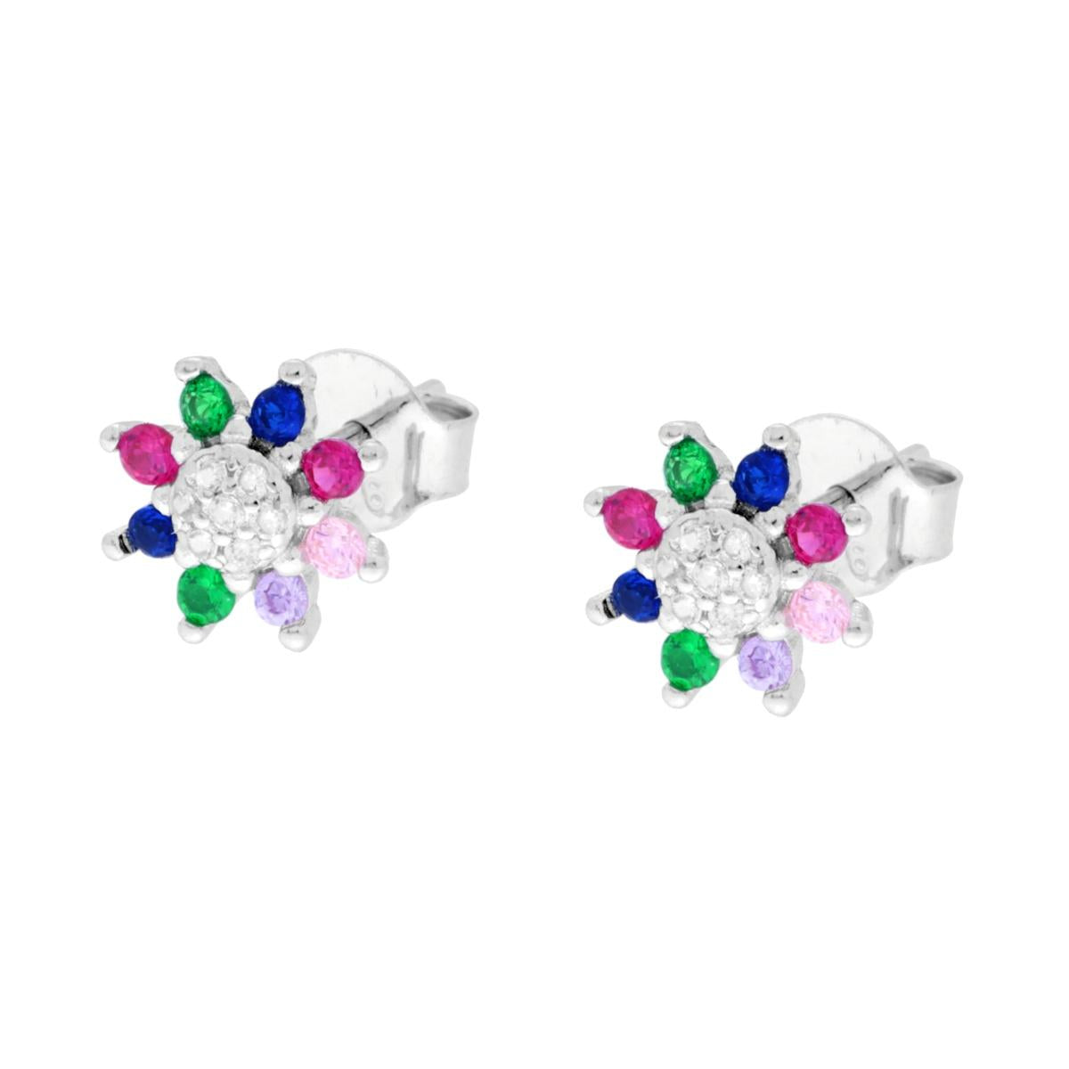 Ohrstecker Blume mit mehrfarbigem Cubic Zirconia aus 925er Silber, rhodiniert - MeinSchmuckShop