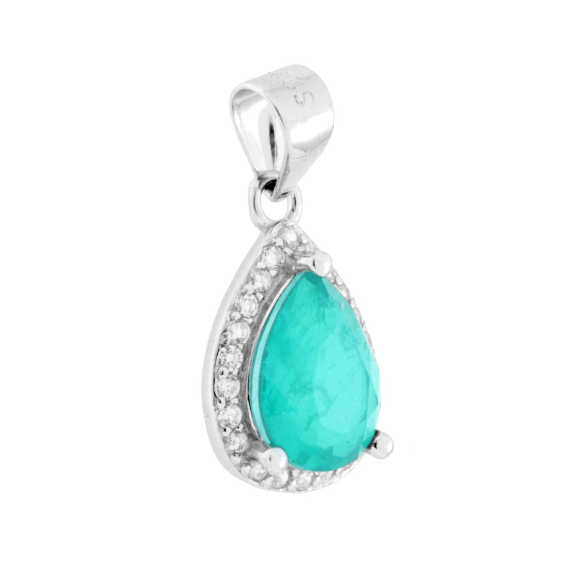 Anhänger Tropfenform aus natürlichem Paraiba-Turmalin, umrahmt von weißen Cubic Zirconia, aus 925er Silber rhodiniert. - MeinSchmuckShop