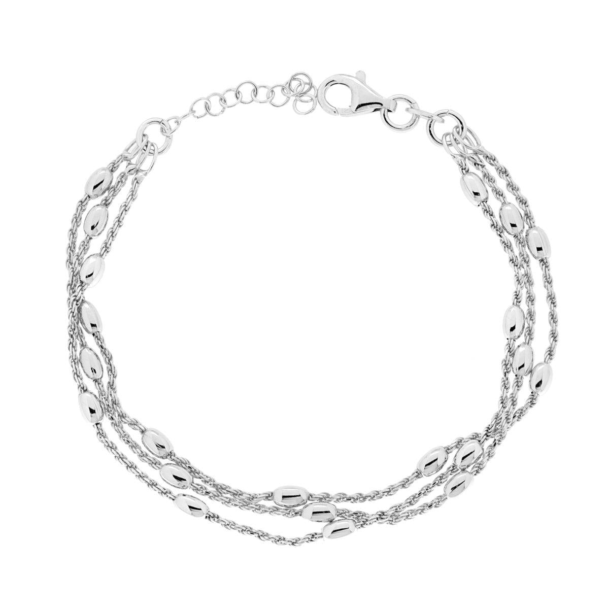 Dreifädiges Armband mit Rope-Kette, diamantierte Ovale, bombierte Formen, aus 925er Silber, rhodiniert - MeinSchmuckShop