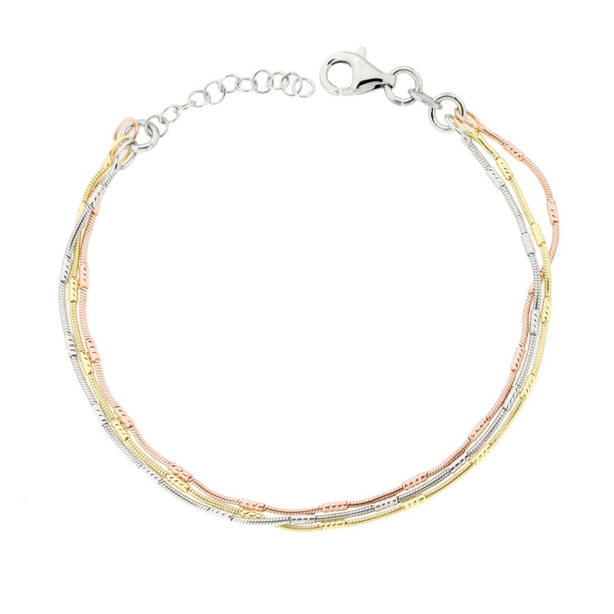 Dreifädiges Armband mit Mäuseschwanzkette und diamantierten Zylindern, aus Silber 925, rhodiniert, Gold- und Roségoldbeschichtung - MeinSchmuckShop