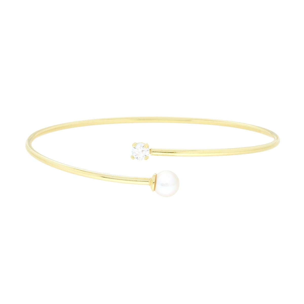 Armband aus festem Draht Contrarie mit Perle und weißem Cubic Zirconia, Silber 925, galvanisch vergoldet - MeinSchmuckShop