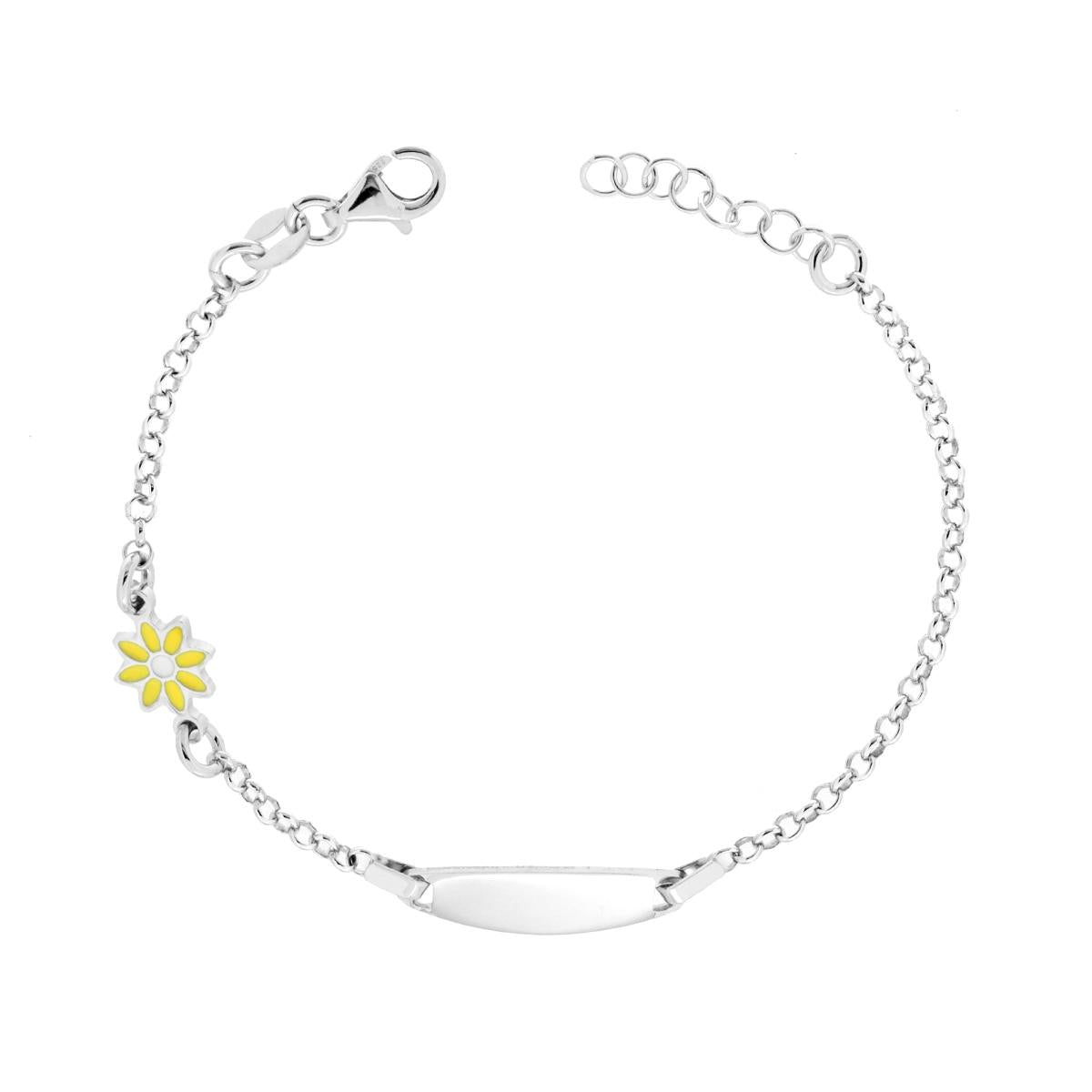 Kinderarmband mit ovaler Plakette, rolo-Kette, diamantiert, und Blume, lackiert/emalsgelb und -weiß, aus Silber 925, rhodiniert galvanisch - MeinSchmuckShop