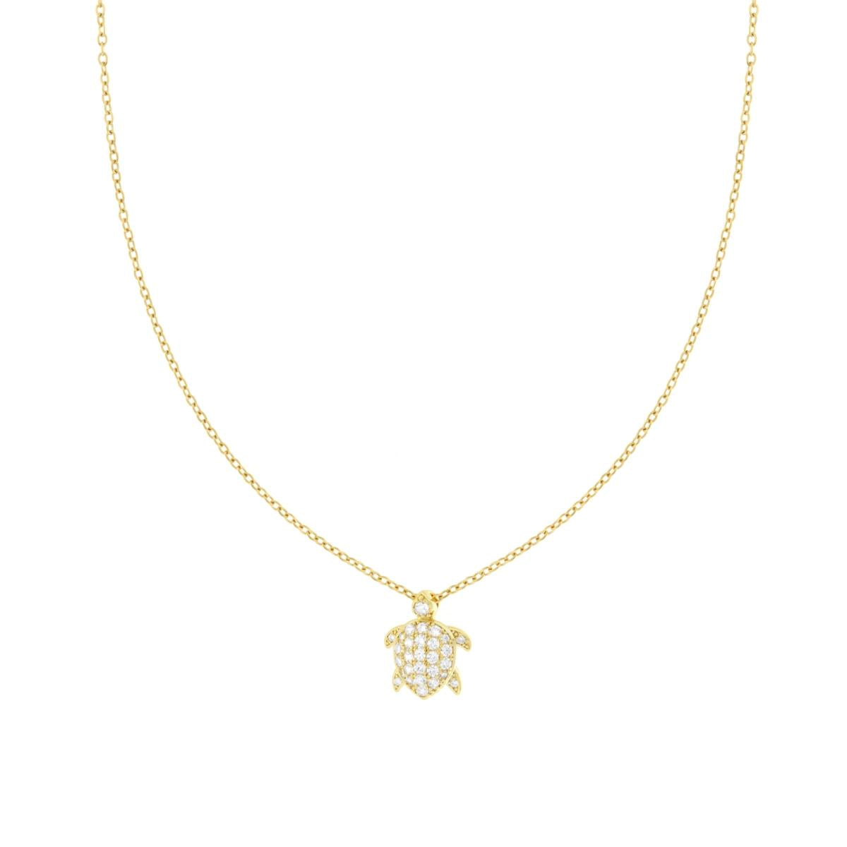 Halskette mit diamantierter Kette, mit Schildkröte und weißen Kristallen aus Edelstahl und Messing, goldfarben - MeinSchmuckShop