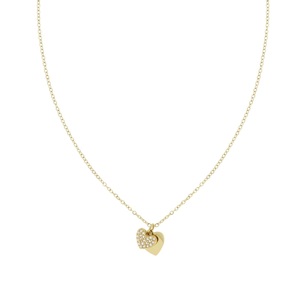 Halskette aus feiner Kette, diamantierte, mit doppeltem Herz aus Plain und weißen Kristallen, aus Edelstahl, goldfarben - MeinSchmuckShop
