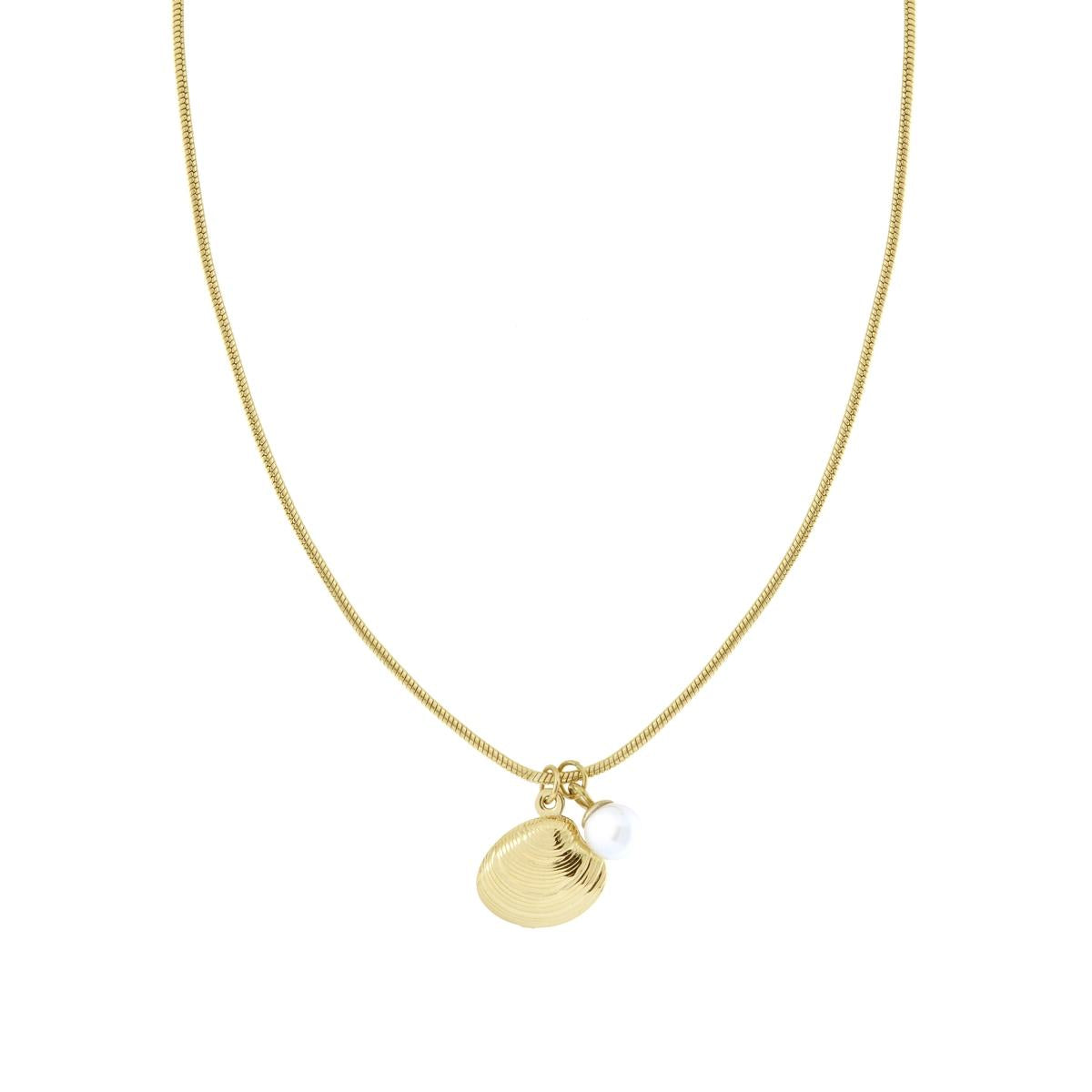 Kette mit Maus-Schwanz-Gliedern aus Edelstahl, goldfarben, mit Perle und Muschel - MeinSchmuckShop